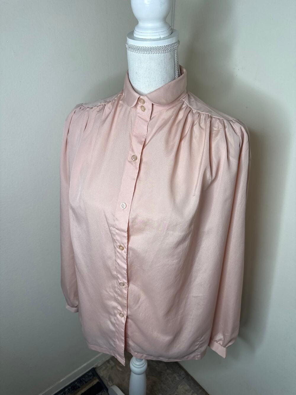 VTG 80s Lady Arrow Pastel Pink Puff Sleeve Blouse Mock Collar 10 Retro Coquette